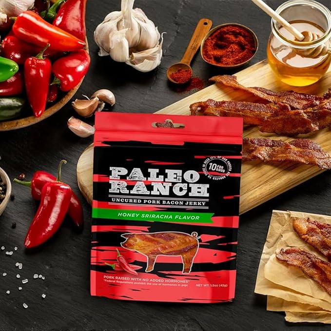 PALEO RANCH Uncured Bacon Jerky Honey Sriracha No Added Hormones No Preservatives 1.5-oz. Pouches (Pack of 4)