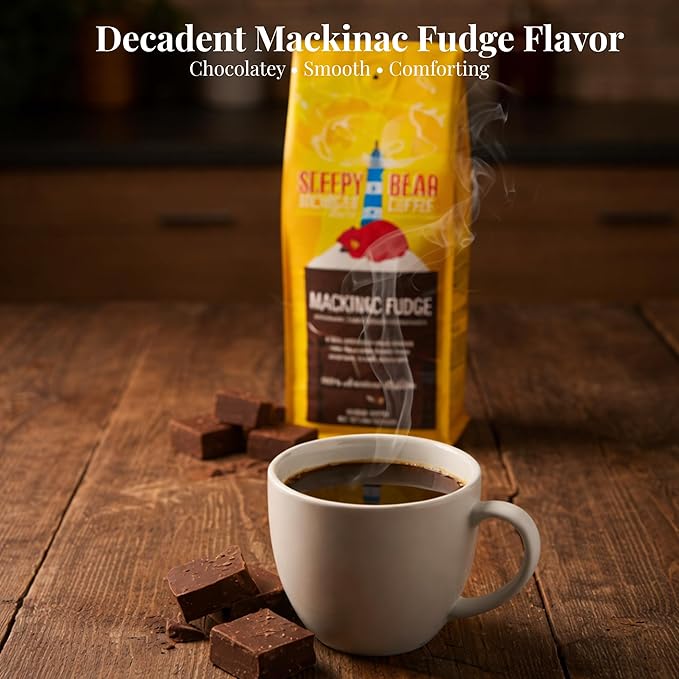 Sleepy Bear Mackinac Fudge Ground Coffee – Flavored Light Roast Arabica with Rich Fudge Flavor Michigan-Made Smooth &amp Sweet Blend No Sugar Added 16oz Reclosable Bag (1 16 oz)