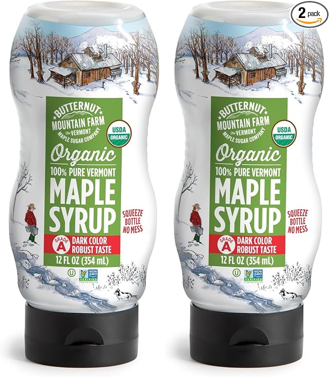 Butternut Mountain Farm 100% Pure Organic Maple Syrup From Vermont Grade A (Prev. Grade B) Dark Color Robust Taste All Natural Easy Squeeze 12 Fl Oz (Pack of 2)