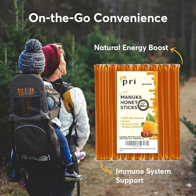 P.R.I Manuka Honey Sticks Certified MGO 60+ Raw New Zealand Manuka Honey Perfect for On-the-Go 50 count