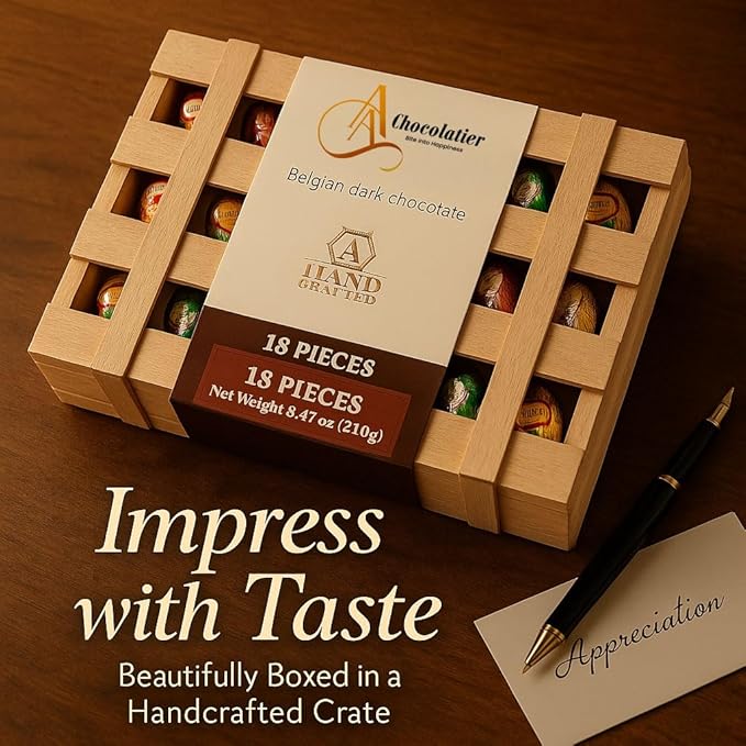 ANDY ANAND CHOCOLATIER European Flavor-Inspired Dark Chocolate Bottles – Smooth Filled Dark Chocolate Assortment Gluten Free Gourmet Chocolates in Elegant Wooden Gift Box (18 Pieces)