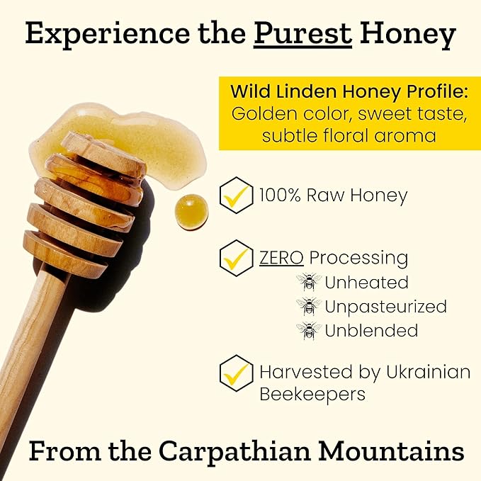 Carpathian Raw Honey Wild Linden | 100% Pure Unfiltered Unpasteurized Ethically Sourced | Glass Jar 908g