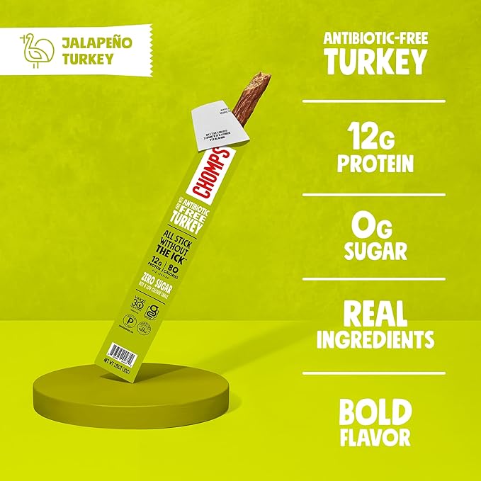 Chomps Jalapeño Turkey Jerky Meat Snack Sticks 24-Pack - Keto Paleo Low Carb Whole30 12g Lean Meat Protein Gluten and Antibiotic Free Zero Sugar