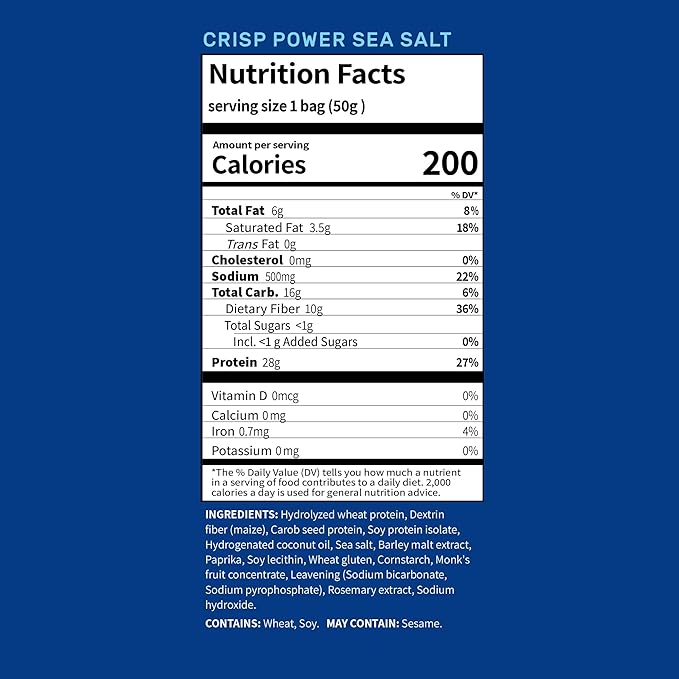 CRISP POWER Protein Pretzels Sea Salt 28G Protein High Protein Snack High Fiber Low Carb Crunchy Pretzel Snacks No Added Sugar 1.75 oz Bags 6 Pack Vegan Keto