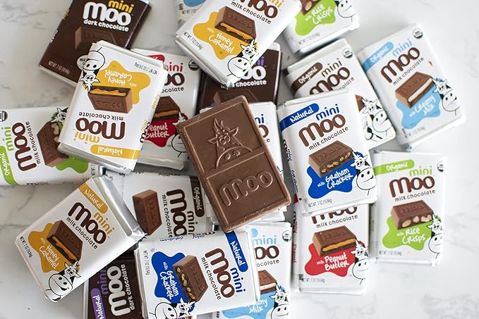 Moo Chocolates All Natural Milk Chocolate Mini Bars with Graham Cracker 0.7 oz 14 ct (Pack of 1) | 100 Calorie Snacks for On-the-Go Lunchboxes Office