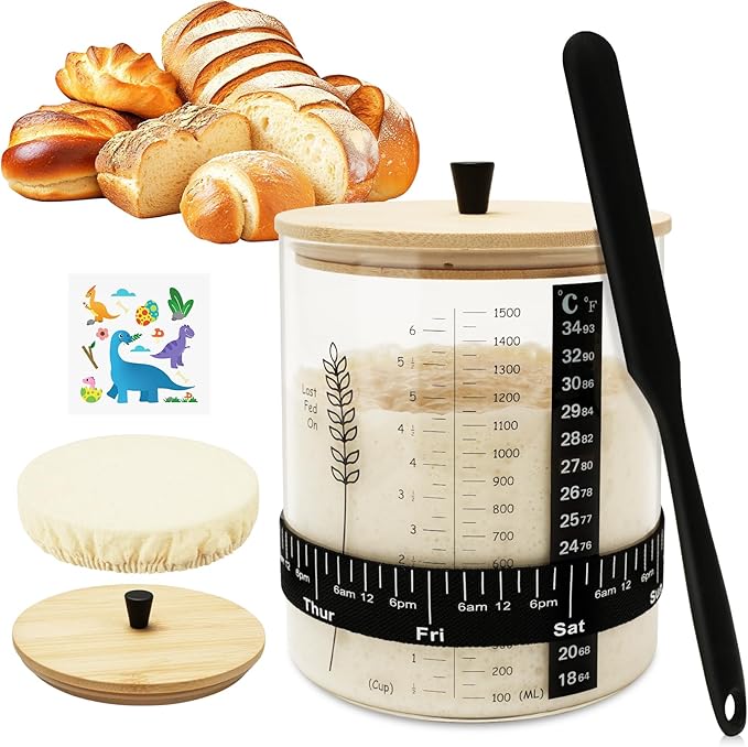 57oz Sourdough Starter Jar Wide Mouth Sourdough Jar Large Capacity Sourdough Starter Kit with Lid Band Date Tracker Temp Sourdough Bread Starter Kit for Perfect Sour Dough(1 Pack)