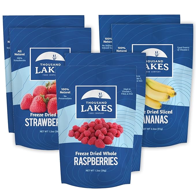 Thousand Lakes Freeze Dried Fruit 3 2-Pack (6 Pouches Total) Bundle | 100% Raspberries Sliced Strawberries and Sliced Bananas