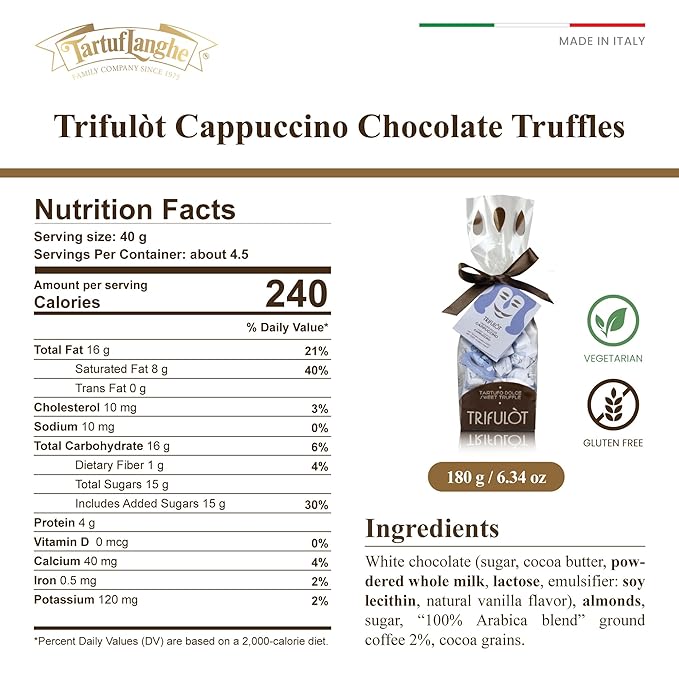 TartufLanghe Trifulot Cappuccino Milk Chocolate Truffles with Coffee - Individually Wrapped Gourmet Italian Truffle Candy Fancy Chocolate Gift Set in a Bag From Italy- 6.34 OZ
