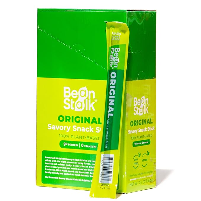 Bean Stalk Savory Snack Sticks Original Flavor| Plant Based Meatless Vegan Jerky Snacks | High-Protein 9g each | Non-GMO | Vegetarian | Perfect On-the-Go Snack | 24 pack