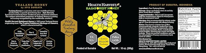 Tualang Yellow Honey 10oz (TA 9.5+ Pollen Count 2.4M+ Pollen Variety 100+) Mild Choice for Kids Growth Wild-ripening on 250ft Treetop Raw Unpasteurised Unfiltered