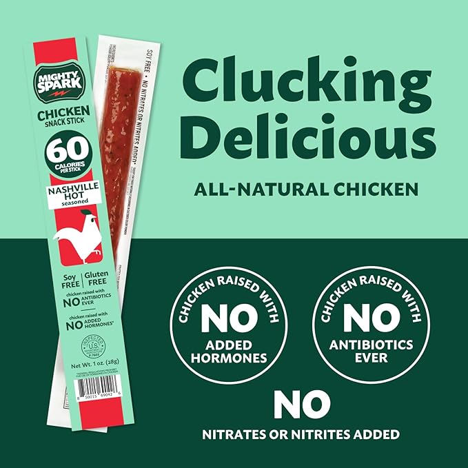 Mighty Spark Chicken Snack Sticks - Nashville Hot - 6g of Protein No Antibiotics No Hormones Gluten Free Soy Free Meat Sticks - High Protein Keto Snacks Weight Watchers Approved - 12 Count