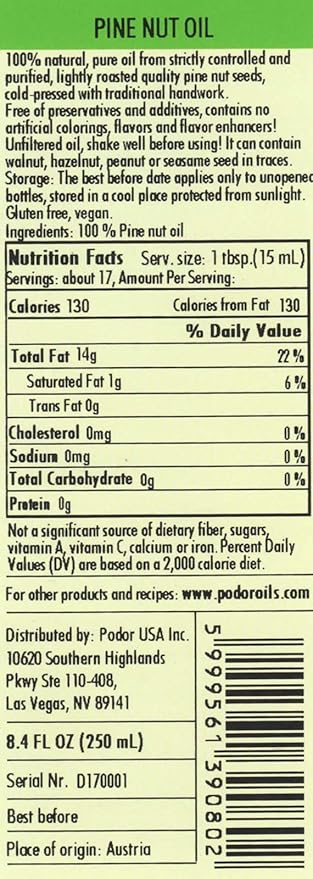PÖDÖR Premium Pine Nut Oil - 8.4 fl. Oz. - Cold-Pressed 100% Natural Unrefined and Unfiltered Vegan Gluten-Free Non-GMO in Glass Bottle