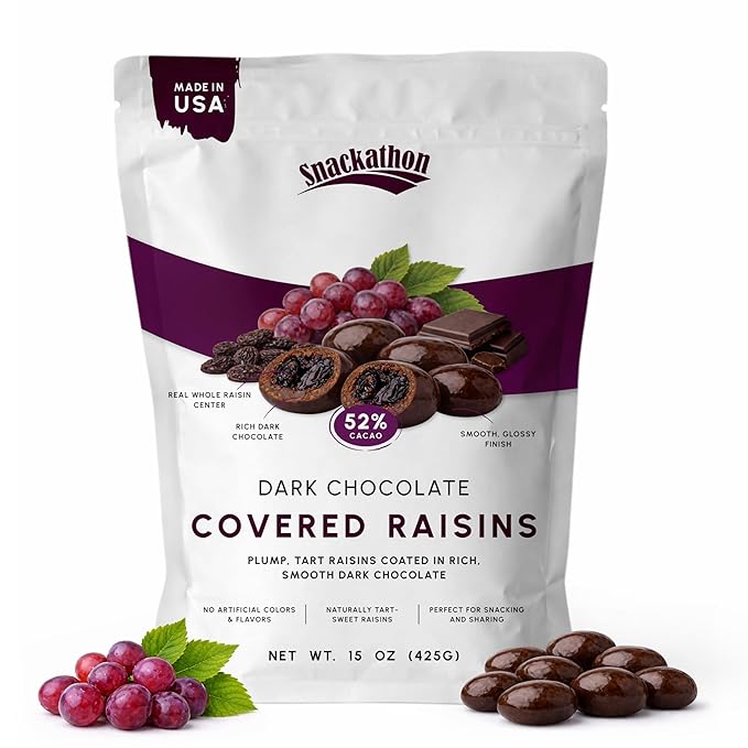 Snackathon 52% Dark Chocolate Covered Raisins 15 OZ Resealable Snack Bag Sweet Dried Raisins Coated in Rich Chocolate Candy Delicious Chocolate Raisins for Treats Sharing Snack Box or Gift Box