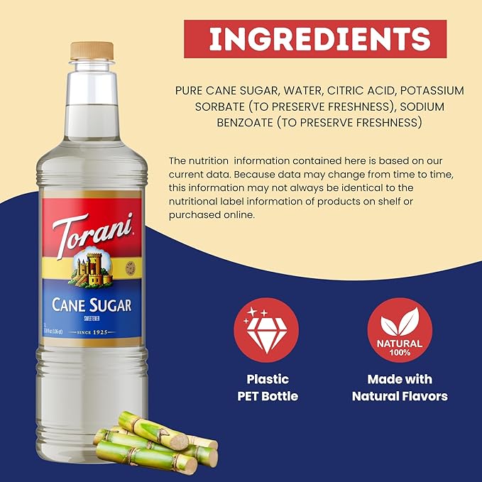 Torani Cane Sugar Sweetener Coffee Syrup 1 Liter Bottle with Pump Dispenser – Pure Cane Sugar Flavoring Syrup for Lattes Teas Cocktails Cold Brews &amp Desserts – Barista Quality