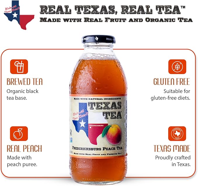 Texas Tea Fredericksburg Peach Tea – Organic Black Tea with Real Texas Peaches NON-GMO Small-Batch Brewed 12-Pack of 16 FL Oz Glass Bottles Refreshing Southern Sweet Peach Iced Tea