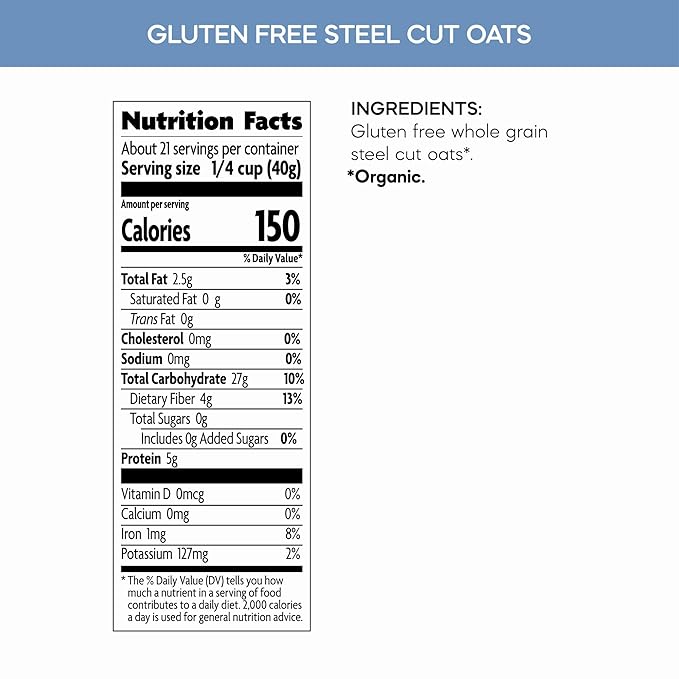 Nature's Path Organic Gluten Free Steel Cut Whole Grain Oats Non-GMO 5g Plant Based Protein Oatmeal Great for Baking 30 Oz (Pack of 6)