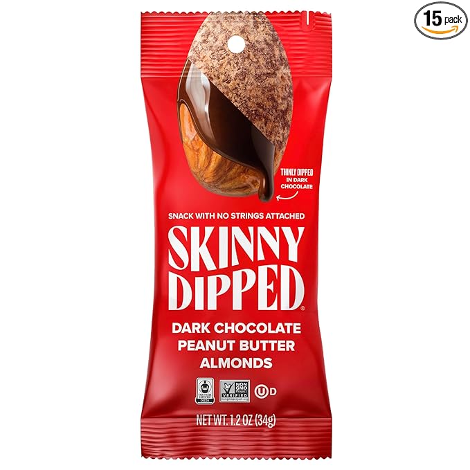 SkinnyDipped Dark Chocolate Peanut Butter Almonds Chocolate Covered Almonds Low Sugar Gluten Free Healthy Snack 1.2 Ounce Bags (Pack of 15)