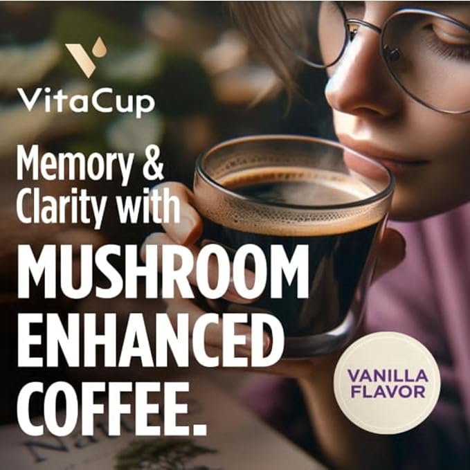 VitaCup Mushroom Coffee Pods Vanilla Flavored Coffee with Chaga Lion’s Mane Vitamins Medium Dark Roast Arabica Beans Single Serve Pods Compatible with Keurig K-Cup Brewers 64 Ct
