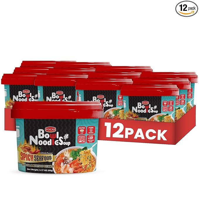 Pocas Bowl Noodle Soup Spicy Seafood 12-Pack – Microwavable Instant Noodles Bowl 3.17 Oz Ea