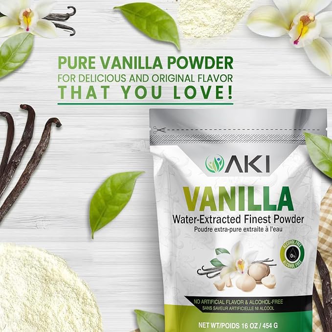 AKI Vanilla Extract Powder from Authentic Beans for Delicious Flavoring Cooking Baking Drinks Tea Coffee Smoothies Cocktails - Sugar-Free &amp Alcohol-Free (454g/1lb)