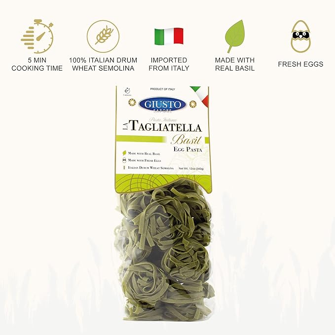 Giusto Sapore Italian Pasta - Egg 340g - Premium Bronze Drawn Durum Wheat Semolina Gourmet Pasta Brand - Imported from Italy and Family Owned (Basil 6 Pack)