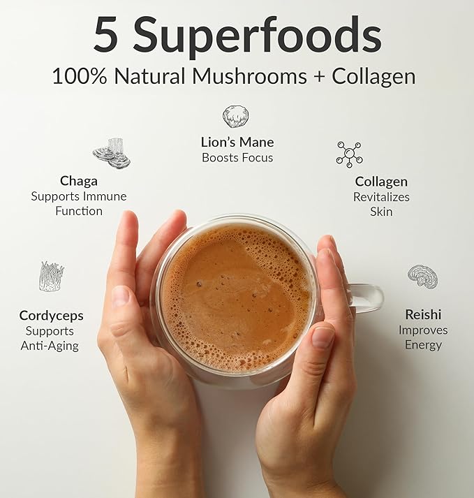 BIOptimizers Mushroom Coffee Alternative – Salted Caramel Drink – Lion’s Mane Chaga Reishi + Collagen Peptides for Focus Energy &amp Gut Health – Adaptogenic Mushrooms &amp MCT Powder – 15 Servin