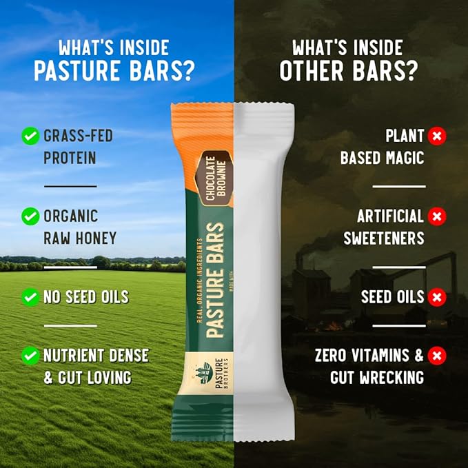 Pasture Brothers Grass-Fed Protein Bars - 18g Protein Seed Oil Free &amp Gluten Free - Clean Energy Snack with Organic Ingredients No Artificials (12-Pack Chocolate Brownie)