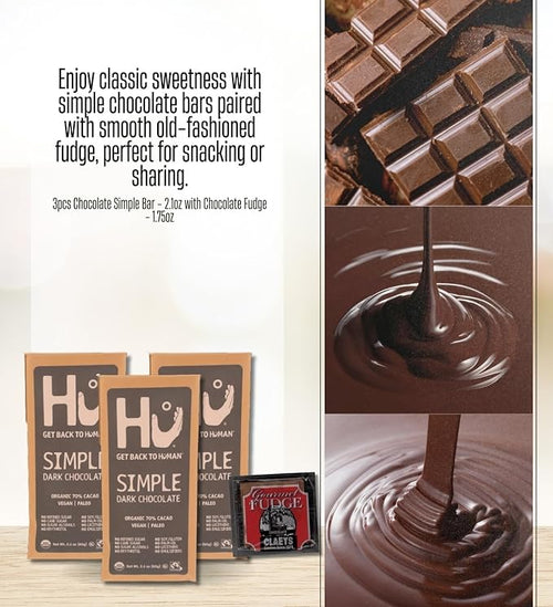 3x Hu Choc Simple Bar 2.1 OZ Bundle with Chocolate Fudge Candy – Dark Chocolate Bar with Minimal Ingredients Paired with Rich Fudge Treat for Snacking or Gifting – Gift Set (4 Items)