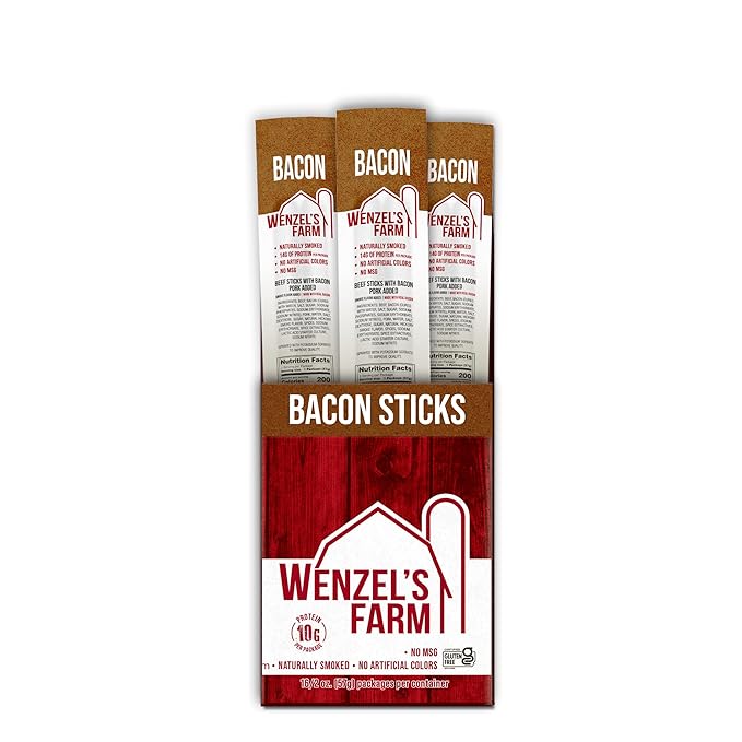Wenzel’s Farm Bacon and Beef Snack Sticks │Snack Sticks │ Flavorful Naturally Smoked │ High Protein Low Carb │ No MSG Fillers Binders Artificial Colors │ Gluten Free | 32 sticks (16 packs of 2)