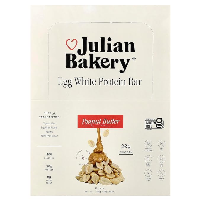Julian Bakery Egg White Protein Bar—Peanut Butter 12 Bars 2.1oz (60 g) Each | 20g Protein | 17g Fiber | 1g Sugar