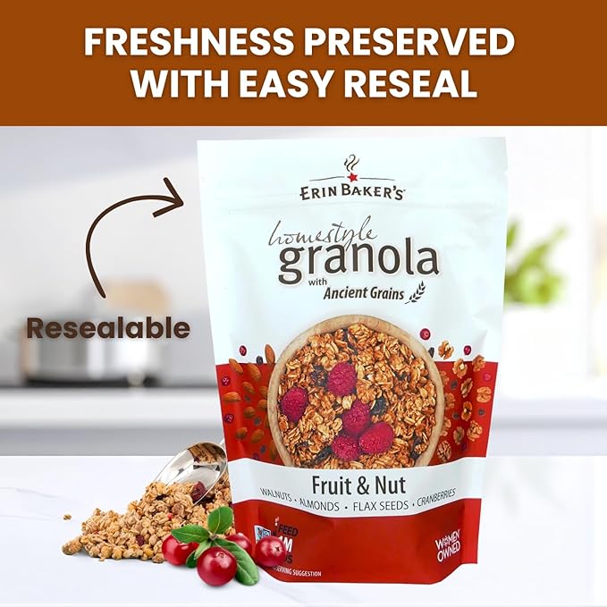 Erin Baker’s Homestyle Fruit and Nut Granola with Ancient Grains - Made from Natural Ingredients Crunchy Texture Versatile Snack or Cereal - Vegan Friendly Non-GMO Resealable 12oz Bags 6‑Pack