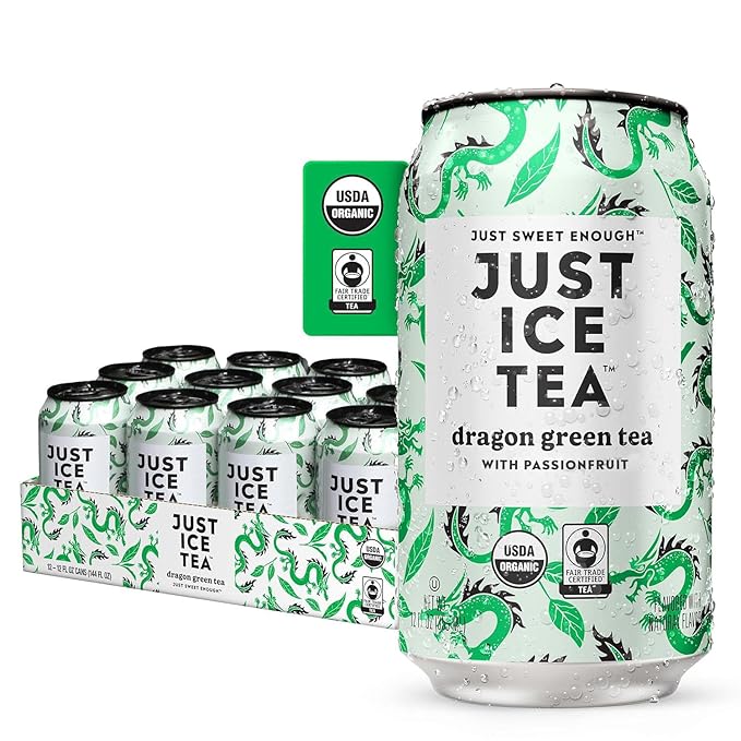 Just Ice Tea Dragon Green Iced Tea 12-Pack (12oz Cans) Green Tea USDA Certified Organic Real Brewed Low Calorie No Artificial Sweeteners Fair Trade Made in USA.