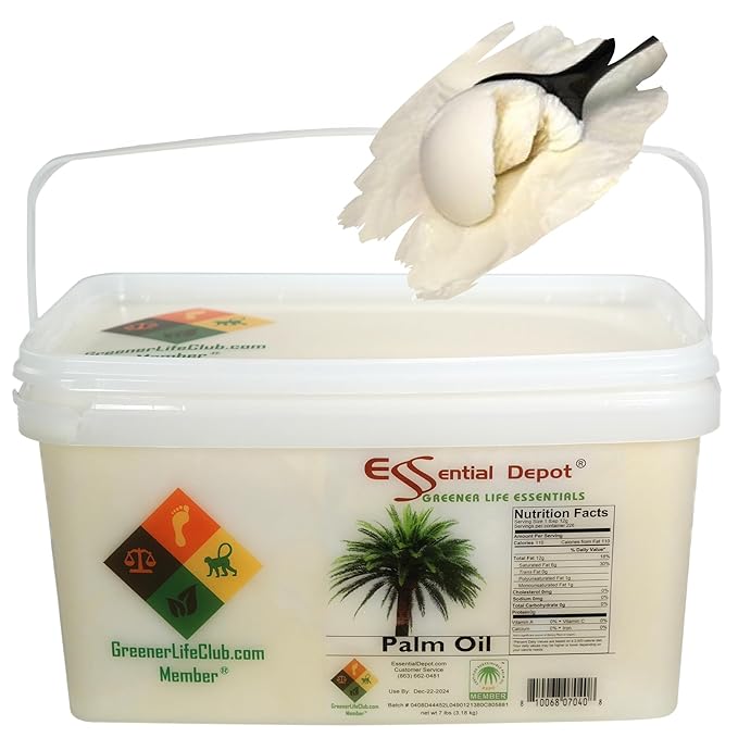 Essential Depot Palm Oil - RSPO Certified - Sustainable - Food Grade - Not Hydrogenated - 7 lbs in a 1 Gallon Pail - HDPE Microwavable Container with Resealable Lid and Removable Handle