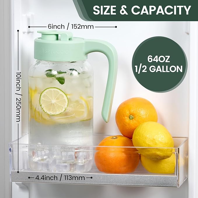 Mason Jar Pitcher - Airtight &amp Leakproof Glass Pitcher with Lid Perfect for Breastmilk Cold Brew and Sun Tea 2 Quart (64 oz) Mason Jar with Pour Spout Lid