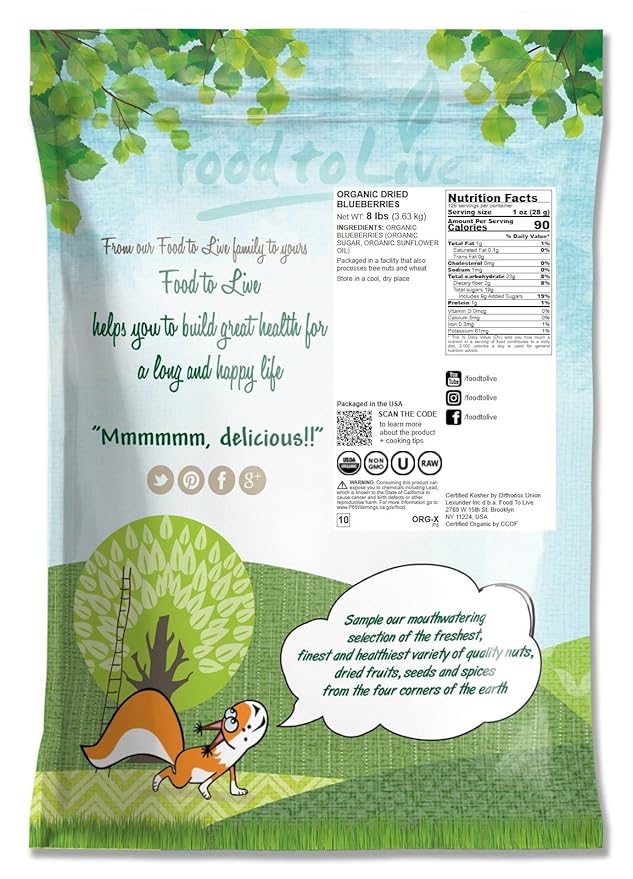 Food to Live Organic Dried Blueberries 8 Pounds Non-GMO Kosher Vegan Unsulfured Bulk