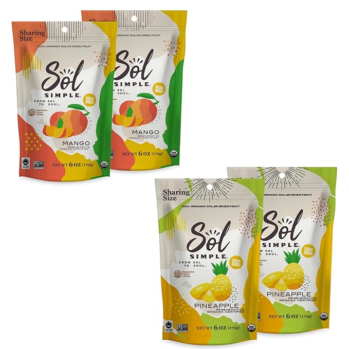 SOL SIMPLE Organic Dried Mango and Pineapple | 6oz Snack Pack | Vegan | Non-GMO | No Added Sugar | Fair Trade | Dried Fruit