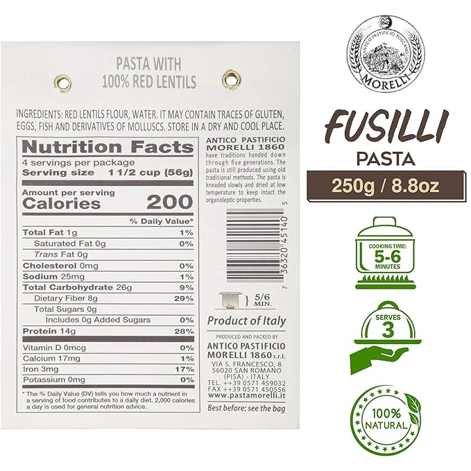 Morelli Pasta Fusilli Red Lentil Pasta - Gluten Free High Protein &amp Fiber - Imported from Italy 8.8oz / 250g (2 pack)