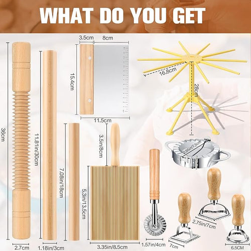 11 Pcs Pasta Making Tools Kit - Pasta Drying Rack Gnocchi BoardPasta Cutter Ravioli Stamps Wood Threaded Pasta Roller Pin Set Noodle and Dumplings Maker
