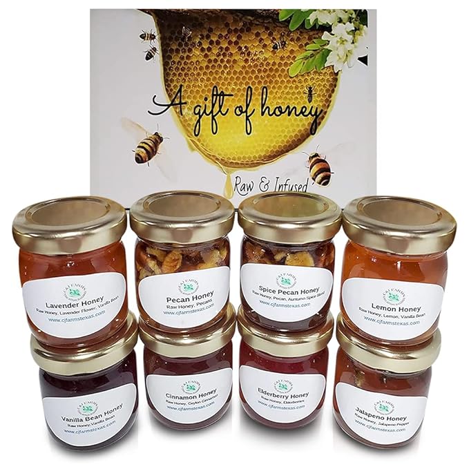 C&ampJ Farms Texas Gourmet Artisan Seasonings A Gift of Honey Set- 8 Piece Sweet Variety Box- Pure Raw Natural Infused Honey by TX Bees in Sampler Jars