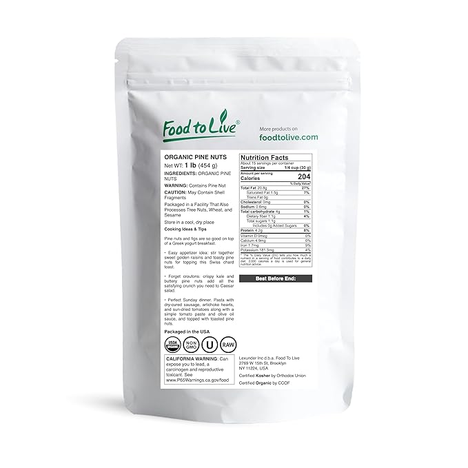 Food to Live Organic Pine Nuts 1 Pound – Non-GMO Whole Raw Pignolias Unsalted No Shell Vegan Kosher Bulk Snack. Rich in Vitamin E Protein. Great for Pesto Salads Homemade Desserts