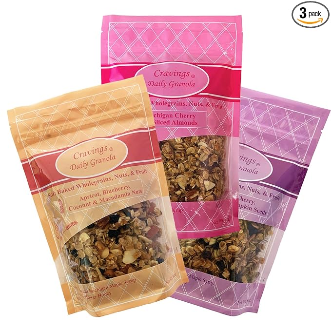 Cravings Daily Granola Variety- 3 Pack- Apricot Blueberry Coconut &amp Macadamia Nut Blueberry Cherry Cranberry &amp Pumpkin Seed and Michigan Cherry &amp Sliced Almond