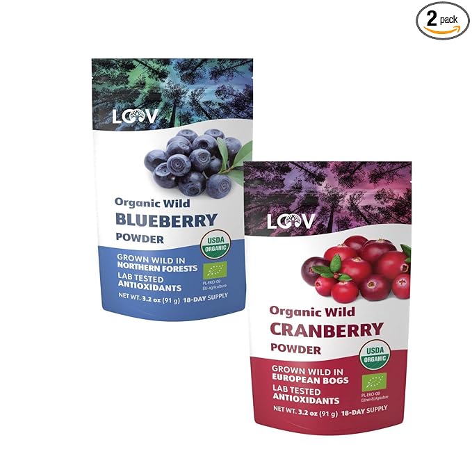 LOOV Bundle | 1 Organic Wild Blueberry Powder and 1 Organic Wild Cranberry Powder | No Added Sugar | Freeze Dried Berries from Northern Europe | 3.2Oz Packs