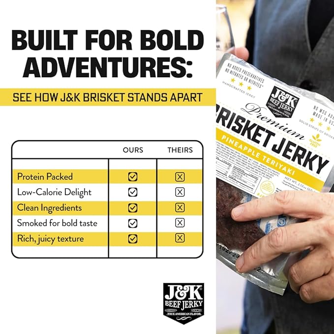 J&ampK Jerky Beef Brisket Jerky - Pineapple Teriyaki - Hand Crafted Small Batch American Made Slab Jerky's - Bold &amp Flavorful Snack! - 7oz Big Bag of Jerky's