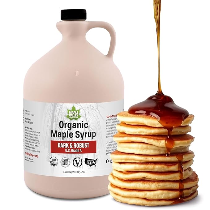 Maple Valley Organic Pure Maple Syrup Dark &amp Robust Better Than Pancake Syrup Use for Coffee or All-Natural Sugar Substitute in Cooking and Baking (128oz Plastic Jug)