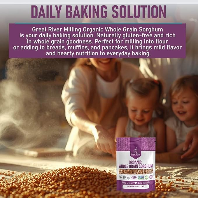 Great River Milling Whole Grain Sorghum | High-Protein Ancient Grain | Non-GMO Kosher Certified | Ideal for Salads Pilaf Porridge Baking &amp More | 5 Lb