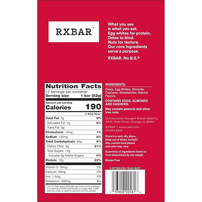 RXBAR Protein Bars 12g Protein Gluten Free Snacks Strawberry 22oz Box (12 Bars)