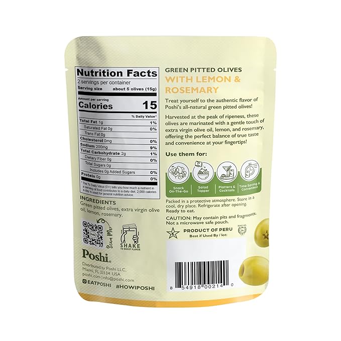 Poshi Green Pitted Olives | Lemon &amp Rosemary | Vegan Kosher Gluten Free + Keto Friendly Fresh All Natural Low Calorie Healthy Snacks | (30 Pack 1.1oz Bags)