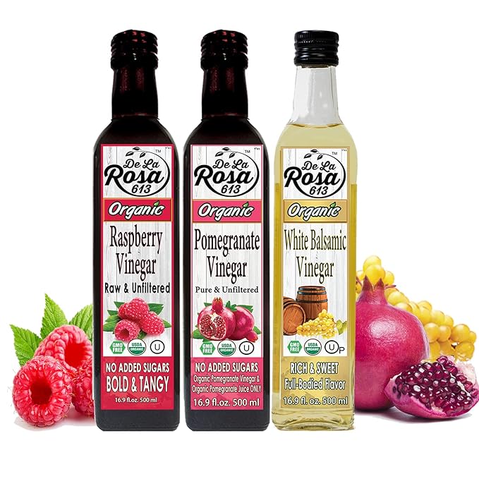 De La Rosa Organic Vinegar Variety Pack Raspberry Pomegranate &amp White Balsamic Vinegar Vegan Kosher Non-GMO &amp Gluten Free Great for Salad Dressing Marinades &amp More | 16.9 Oz (Pack o