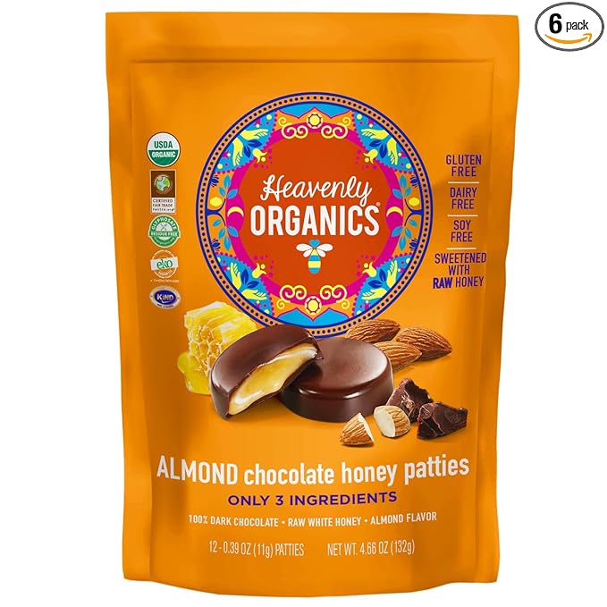 Heavenly Organics Almond Chocolate Honey Patties (6 Bags) Made with 100% Organic Cocoa and 100% Organic Raw White Honey Non-GMO Fair Trade Kosher Dairy &amp Gluten Free No Sugar Added