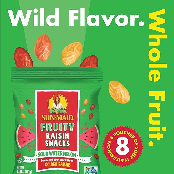 Sun-Maid Fruity Raisin Snack Variety Pack - Sour Strawberry Watermelon &amp Blue Raspberry - (24 Pack) 1.33 oz Pouches
